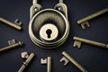 Security or secret protection concept, vintage brass padlock surrounded by multiple keys on a dark black background, internet Royalty Free Stock Photo