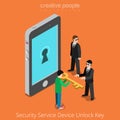 Security Service Device Unlock Key. Special agents taking universal clue to smartphone. Flat 3d isometry isometric style web site