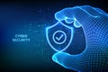 Security shield. Cyber security. Protection shield with check mark icon in a wireframe hand on binary code background. Digits 1.0