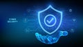 Security shield. Cyber security. Protection shield with Check mark icon in wireframe hand. Cyber data protection. Information