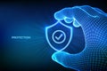 Security shield. Cyber security. Protection shield with check mark icon in a wireframe hand. Cyber data protection. Information