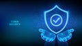 Security shield. Cyber security. Protection shield with Check mark icon in wireframe hands. Cyber data protection. Information