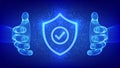 Security shield. Cyber security. Protection shield with Check mark icon in wireframe hands. Cyber data protection. Information