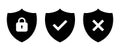 Security shield icon vector. Shields with padlock, checkmark, and cross mark symbol