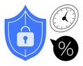 Security Shield with Lock, Clock, and Percentage Bubble Representing Safe Time Management Royalty Free Stock Photo