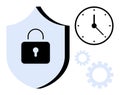 Security Shield with Lock Icon, Gear Wheels, and Clock Highlighting Efficiency and Protection Royalty Free Stock Photo