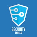 Security shield logo. Technology logotype. Security icon template. Internet protection flat design. Shield on blue