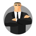 Security sign, safety icon, flat design. Security guard with crossed hands in suit. Vector illustration