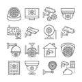 Security surveillance camera, cctv thin line icons set