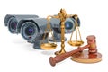Security surveillance cameras with wooden gavel and scales of justice. 3D rendering