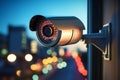 Security surveillance CCTV camera on a window with bokeh light