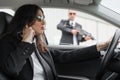 Security team of bodyguards protect celebrity vip in car limousine Royalty Free Stock Photo