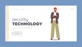 Security Technologies Landing Page Template. Male Character With Scanning Frame On Face Representing Concept