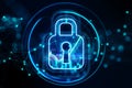 Security technology concept with front view on digital blue pad lock in a circle on abstract dark background with blurry dots. 3D Royalty Free Stock Photo