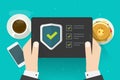Security verification check digital test on tablet computer software guard online vector, internet virus attack web