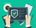 Security verification check list digital test on tablet computer software guard online vector, internet virus attack web