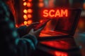 Security warning: text Scam highlighting dangers of fraud, online deception, phishing, cyber threats, emphasizing Royalty Free Stock Photo