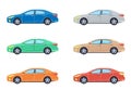 Sedan personal car. Side view cars in different colors. Flat style.