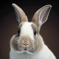 Sedate closeup portrait lovely whisker easter Dwarf Hotot rabbit in studio.