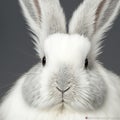 Sedate closeup portrait lovely whisker easter French Angora rabbit in studio.
