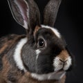 Sedate closeup portrait lovely whisker easter Harlequin rabbit in studio.