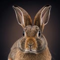 Sedate closeup portrait lovely whisker English Spot easter rabbit in studio.