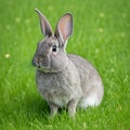 Sedate easter american chinchilla rabbit portrait full body in green field