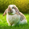 Sedate easter american fuzzy lop rabbit portrait full body in green field Royalty Free Stock Photo