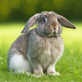 Sedate easter american fuzzy lop rabbit portrait full body in green field Royalty Free Stock Photo