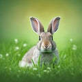 Sedate easter beveren rabbit portrait full body sitting in green field