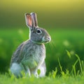 Sedate easter Champagne dArgent rabbit portrait full body sitting in green field