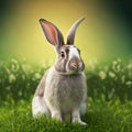 Sedate easter Champagne dArgent rabbit portrait full body sitting in green field Royalty Free Stock Photo