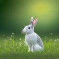 Sedate easter creme d'argent rabbit portrait full body sitting in green field