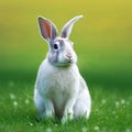 Sedate easter creme d'argent rabbit portrait full body sitting in green field