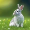 Sedate easter English Spot rabbit portrait full body sitting in green field