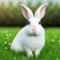 Sedate easter Florida white rabbit portrait full body sitting in green field