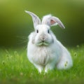 Sedate easter French angora rabbit portrait full body sitting in green field