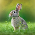 Sedate easter Harlequin rabbit portrait full body sitting in green field