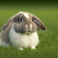 Sedate easter Mini Lop rabbit portrait full body sitting in green field