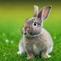 Sedate easter Mini Rex rabbit portrait full body sitting in green field