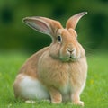 Sedate easter Palomino rabbit portrait full body sitting in green field