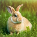 Sedate easter Palomino rabbit portrait full body sitting in green field