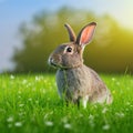 Sedate easter Polish rabbit portrait full body sitting in green field