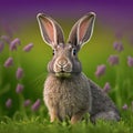 Sedate easter rabbit portrait full body sitting in green field