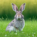 Sedate easter rabbit portrait full body sitting in green field