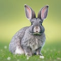 Sedate easter Silver Fox rabbit portrait full body sitting in green field Royalty Free Stock Photo