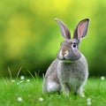 Sedate easter white grey rabbit rabbit portrait full body sitting in green field