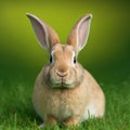 Sedate easter Palomino rabbit portrait full body sitting in green field