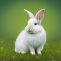 Sedate easter Satin Angora rabbit portrait full body sitting in green field