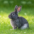 Sedate easter Silver Fox rabbit portrait full body sitting in green field Royalty Free Stock Photo